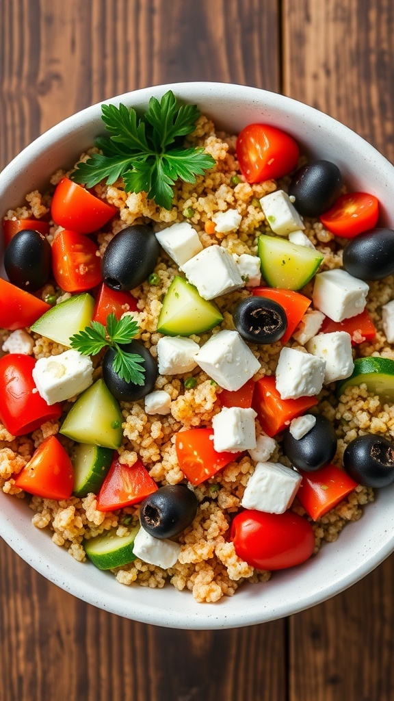 A vibrant Mediterranean quinoa bowl with tomatoes, cucumbers, olives, and feta cheese on a rustic table.